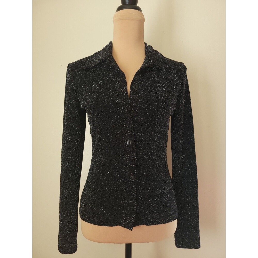 Aziz Black /Silver Threading Collard Long Sleeve Cardigan Button Medium